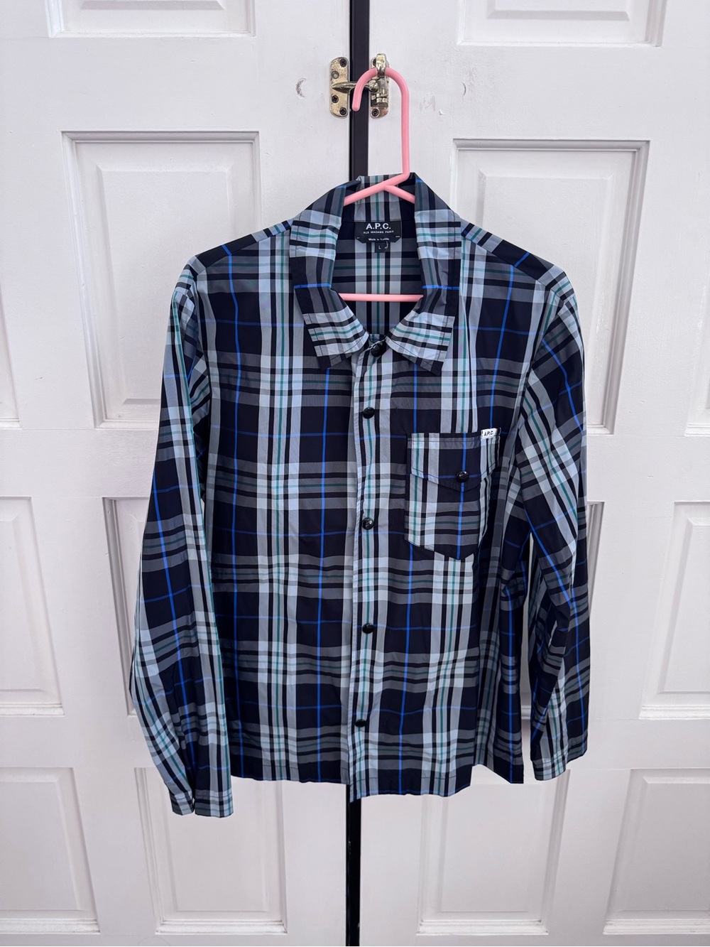 A.P.C. Men’s Navy and Light Blue Plaid Button-Down Shirt